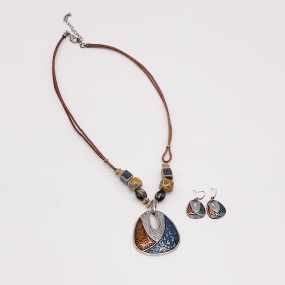 Vintage Artisan Enamel Pendant Necklace & Earrings Set with Ceramic Beads - Picture 7 of 11